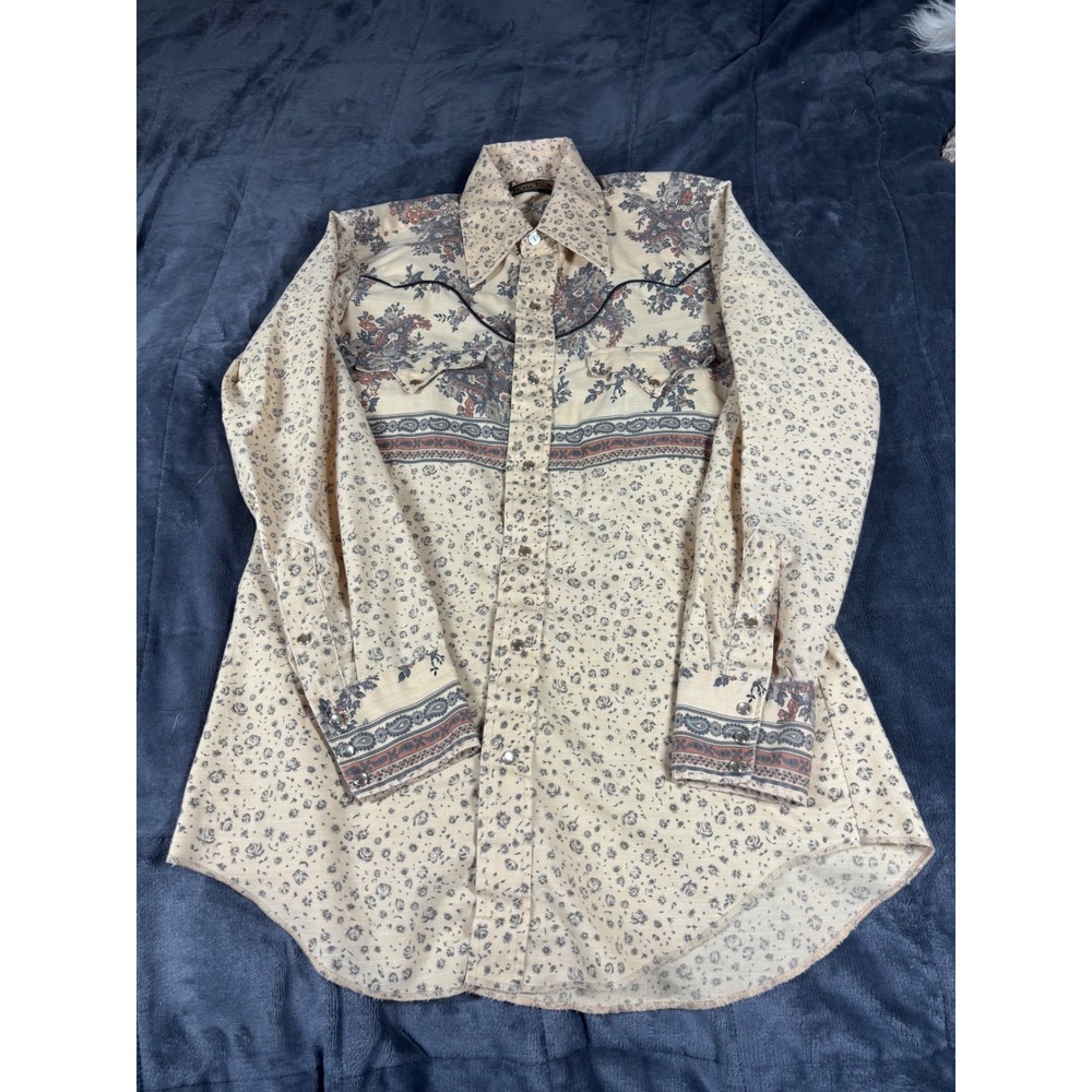 Vintage Tem-Tex Mens Western Pearl Snap Shirt Floral Paisley Border Print Tan